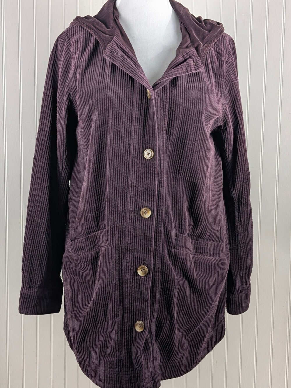 J. Jill Heritage Velvet-Hooded Tumbled Corduroy Jacket Dark Fig Plum Wine S